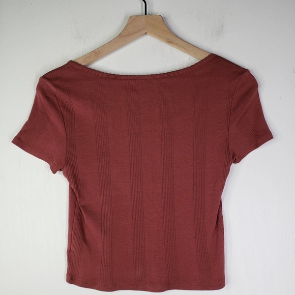 American Eagle Textured Stripe Baby Tee S Cropped Rust Raisin Brown - Picture 4 of 5